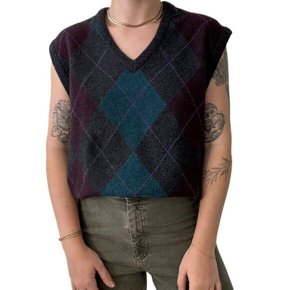 Vintage 1970s LL Bean Mens Lambswool Argyle Preppy Scottish Sweater Vest Sz L - Picture 8 of 9